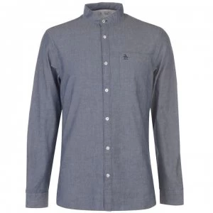 Image of Original Penguin Original Long Sleeve Collarless Shirt - Dark Denim