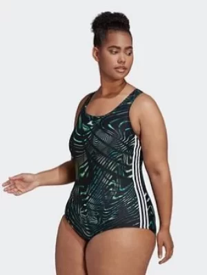 Image of adidas Souleaf Graphic 3-stripes Swimsuit (plus Size), Black, Size 3X, Women