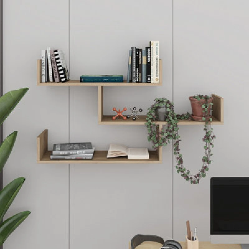 Image of Decortie Modern Tibet Wall Mounted Shelf Display Unit Natural Oak W 119Cm Wide