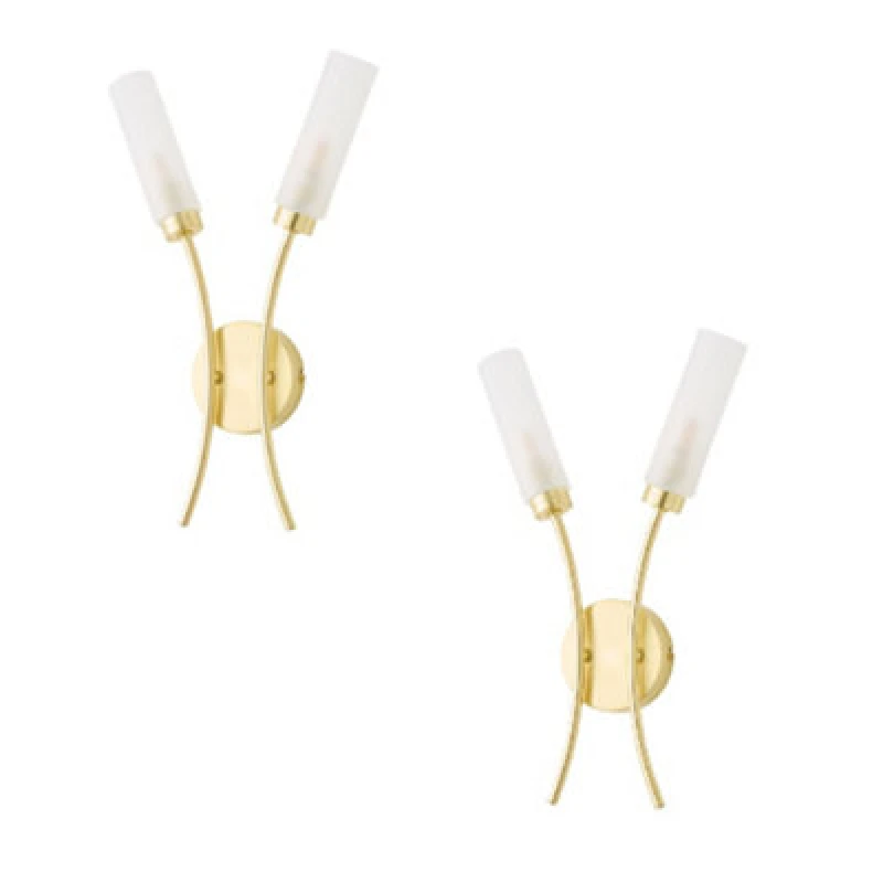 Image of ValueLights Maya Pair of 2 Way Curved Upright Reed Shaded Wall Lights Gold