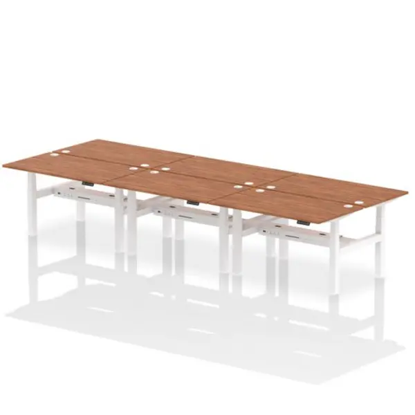 Image of Air Air Back-to-Back 1400 x 800mm Height Adjustable 6 Person Bench Desk Walnut Top with Cable Ports White Frame HASCP6P14800WNTW