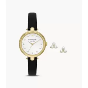 Image of Kate Spade New York Womens Holland Three-Hand Leather Watch And Earrings Set - Black