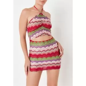 Image of Missguided Abstract Print Crochet Halterneck Mini Dress - Multi
