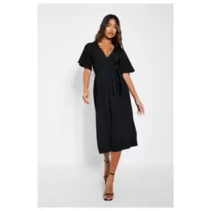 Image of I Saw It First Satin Wrap Batwing Pleated Midi Dress - Black