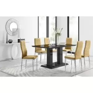 Image of Furniturebox UK - Furniturebox Imperia 6 High Gloss Black Modern Dining Table and 6 Mustard Milan Faux Leather Dining Chairs With Silver Legs Diamond