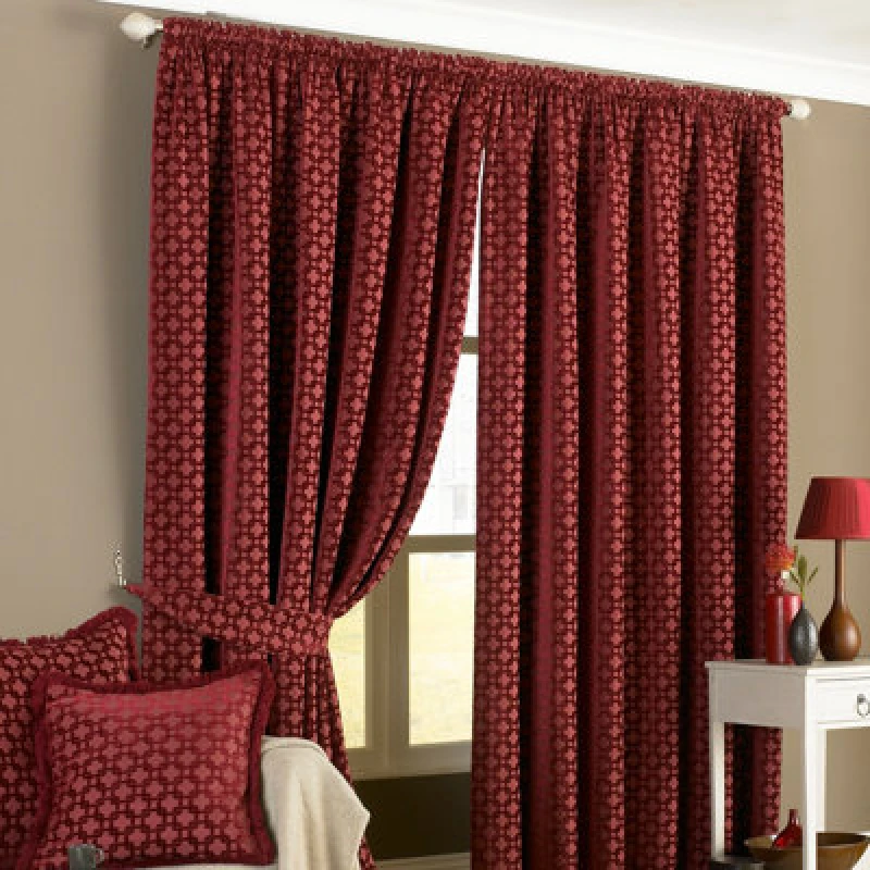Image of Paoletti Paoletti Belmont Geometric Jacquard Pencil Pleat Curtains in Red Size: 229cm width x 229cm drop Red 229cm width x 229cm drop Unisex 5025532