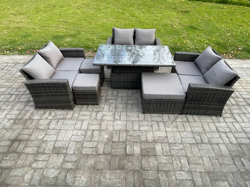 Image of Fimous Wicker PE Rattan Garden Furniture Set Height Adjustable Rising Lifting Table Sofa Dining Set with 3 Footstools in Dark Grey Dark Grey Unisex