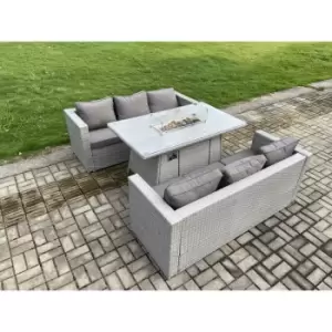 Image of Fimous 6 Seater Outdoor Light Grey Rattan Lounge Sofa Complete Set with Gas Fire Pit and Gas Heater