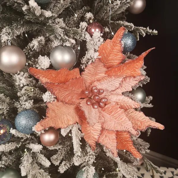 Image of 68cm Frosted Light Coral Pink Poinsettia Stem Christmas Decoration