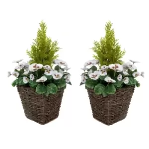 Image of Greenbrokers Artificial White Pansy Conifer Rattan Patio Planter 60Cm/24In (set Of 2)