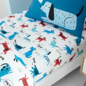 Image of Catherine Lansfield Kids Woofing Dogs Easy Care 6" Deep Fitted Sheet, White, Junior