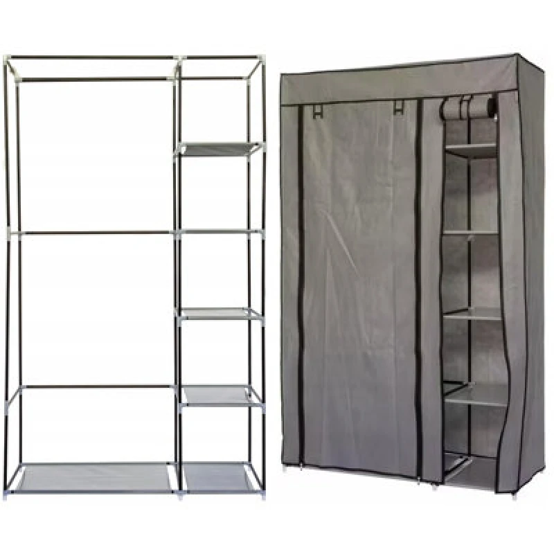 Image of Gr8 Home Single Grey Fabric Canvas Wardrobe With Hanging Rail Shelving Clothes Storage Grey unisex