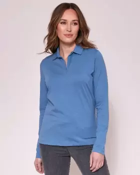 Image of Cotton Traders Womens Wrinkle Free Long Sleeve Polo Top in Blue