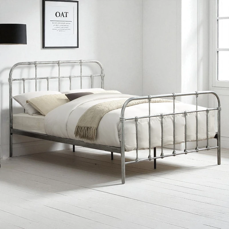 Image of OAT Home Camden Victorian Vintage Hospital Style Steel Effect Metal Bed Frame in Silver Size: Small Double Silver Unisex Small Double