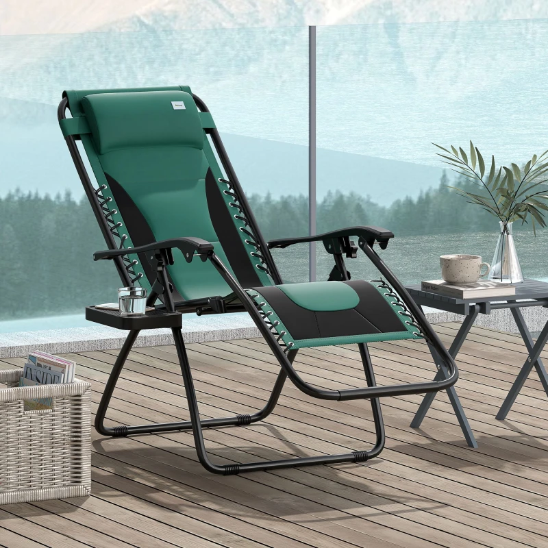 Image of Outsunny Zero Gravity Lounger Folding Recliner Chair w/ Cup Holder Green Bottle Green
