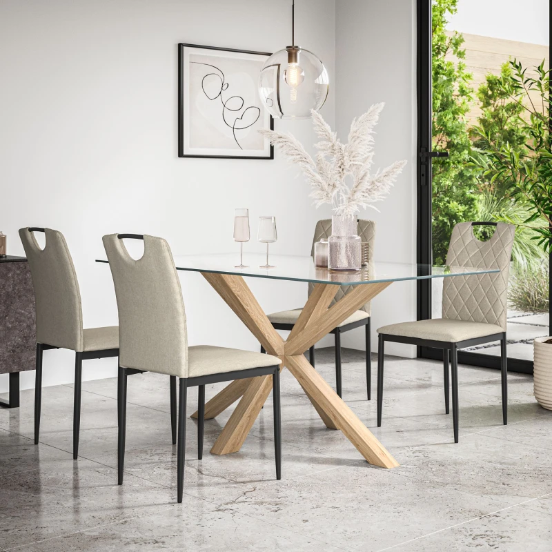 Image of More4Homes Etta Glass Dining Table And Chairs - Glass Top W Solid Oak Legs + Monza Fabric Dining Chair Set Of 4 (Beige)