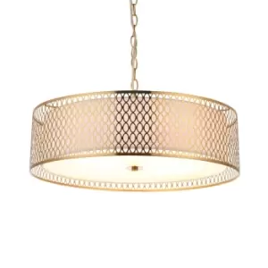 Image of Cordero Single Pendant Ceiling Lamp, Gold Effect Plate, White Fabric, Frosted Glass