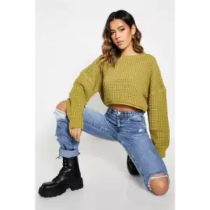 Image of I Saw It First Waffle Knitted Oversized Cropped Jumper - Green