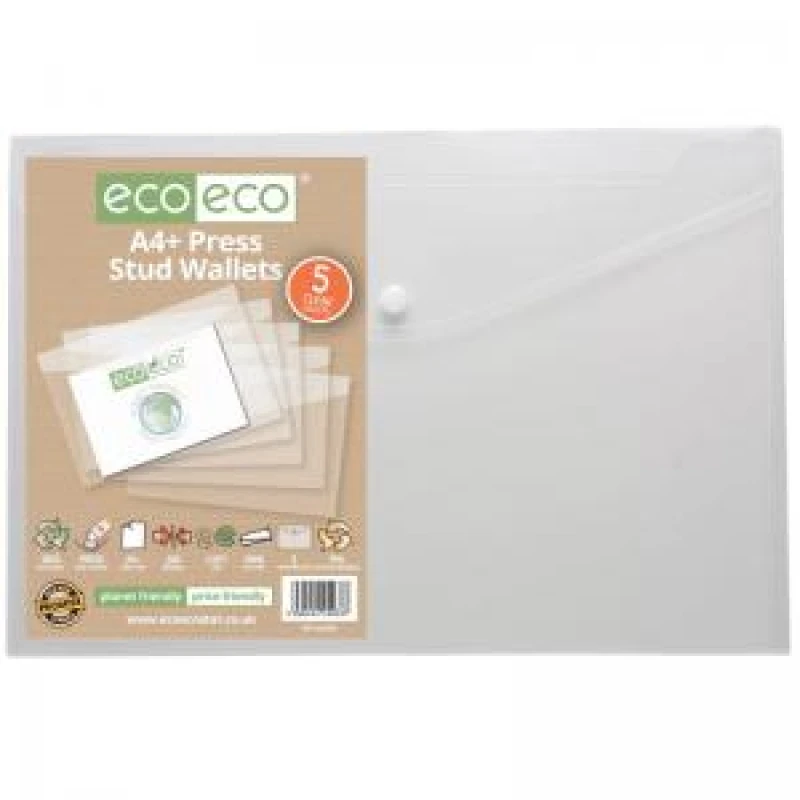 Image of Eco Eco 95% Recycled Press Stud Wallets A4+ Clear (5 Pack) eco033-S