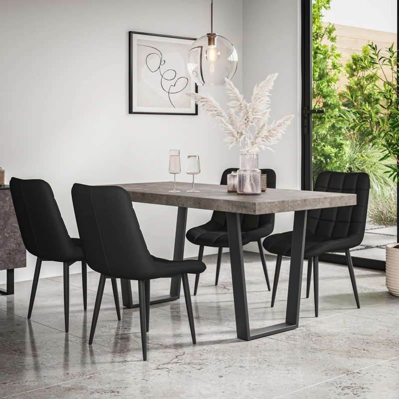 Image of More4Homes Aria Dining Table And Chairs - Concrete Effect Table Top W Black Legs + Nova Faux Leather Dining Chair Set Of 6 (Black)