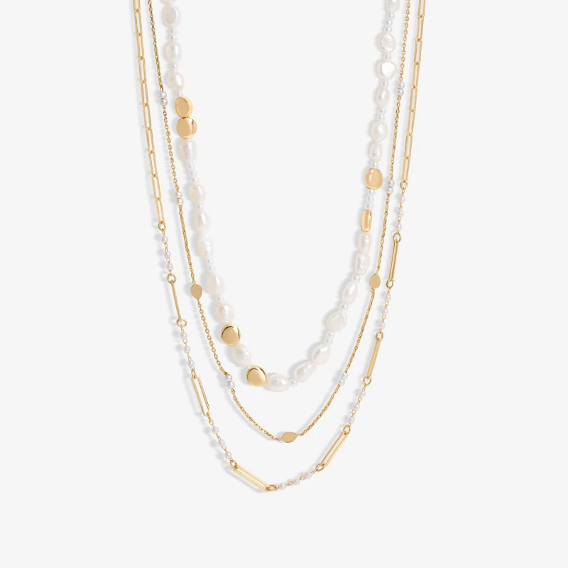 Image of Inicio Gold Plated Semi Precious Pearl And Chain Layered Necklace - Gift Pouch Gold