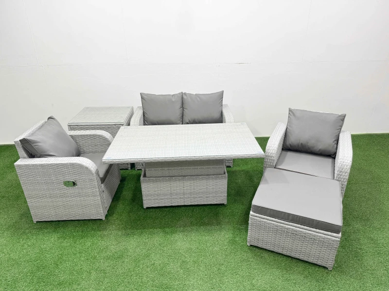 Image of Fimous Light Grey PE Wicker Rattan Garden Furniture Set Sofa Set Reclining Chair Adjustable Lifting Dining or Coffee Table 5 Seater With Footstool Sid