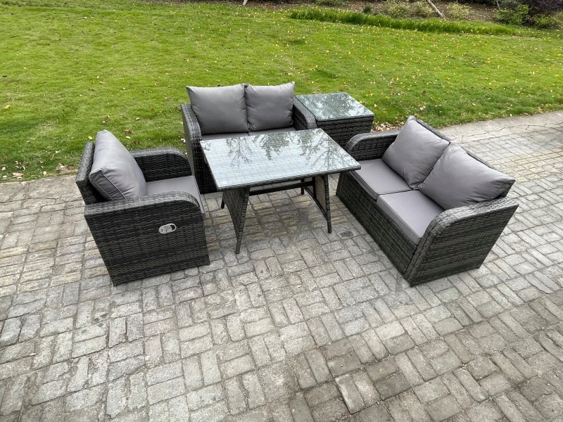 Image of Fimous 5 Pieces Outdoor Garden Dining Sets Rattan Furniture With Dining Table Armchairs Love Sofa Side Table Dark Grey Mixed Dark Grey