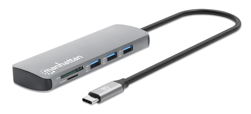 Image of Manhattan Manhattan USB-C Dock/Hub with Card Reader, Ports (x7): Ethernet, HDMI, USB-A (x3) and USB-C (x2), With Power Delivery (100W) to USB-C Port (