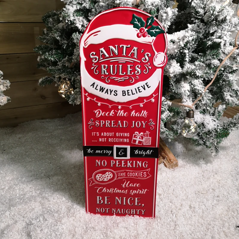 Image of 68cm Indoor Outdoor Red Metal Santa's Rules Sign Hanging Christmas Decoration