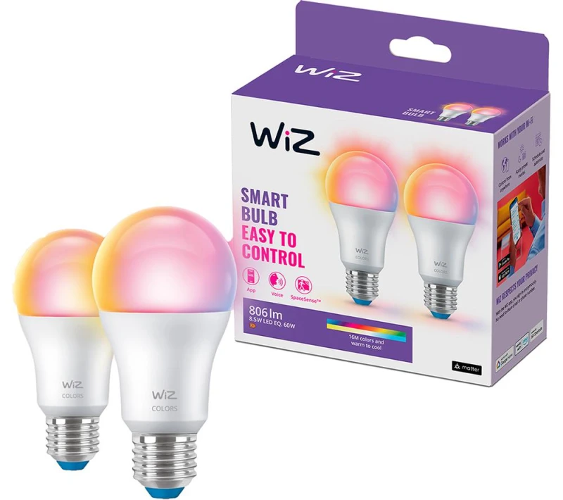Image of WIZ White & Colour Ambiance Smart LED Candle Bulb - A60, E27, Twin Pack 8720169072336