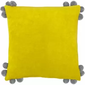 Image of Hoola Pop Pom 100% Cotton Fringed Cushion Cover, Yellow/Grey, 45 x 45cm - Furn