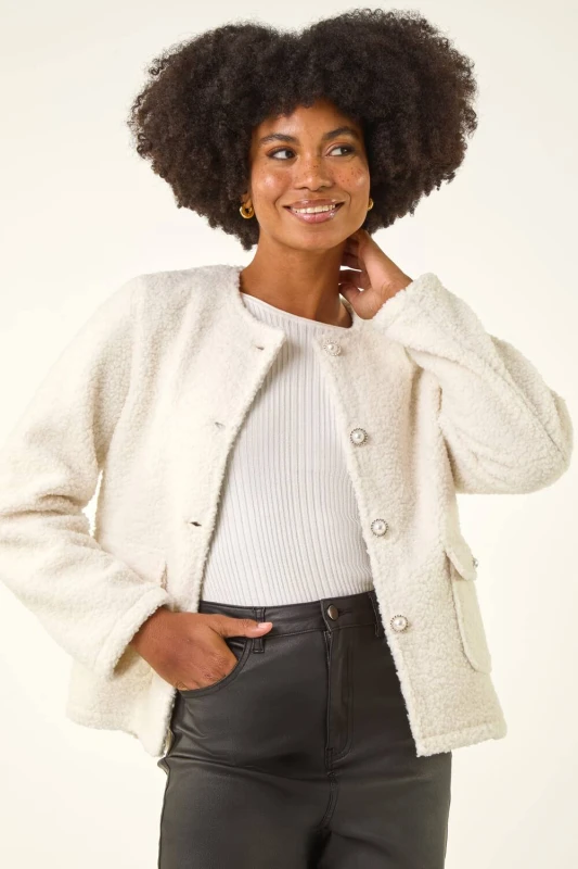 Image of Roman Womens Cosy Boucle Fleece Jacket in Ivory Size: 14 Ivory Female 14