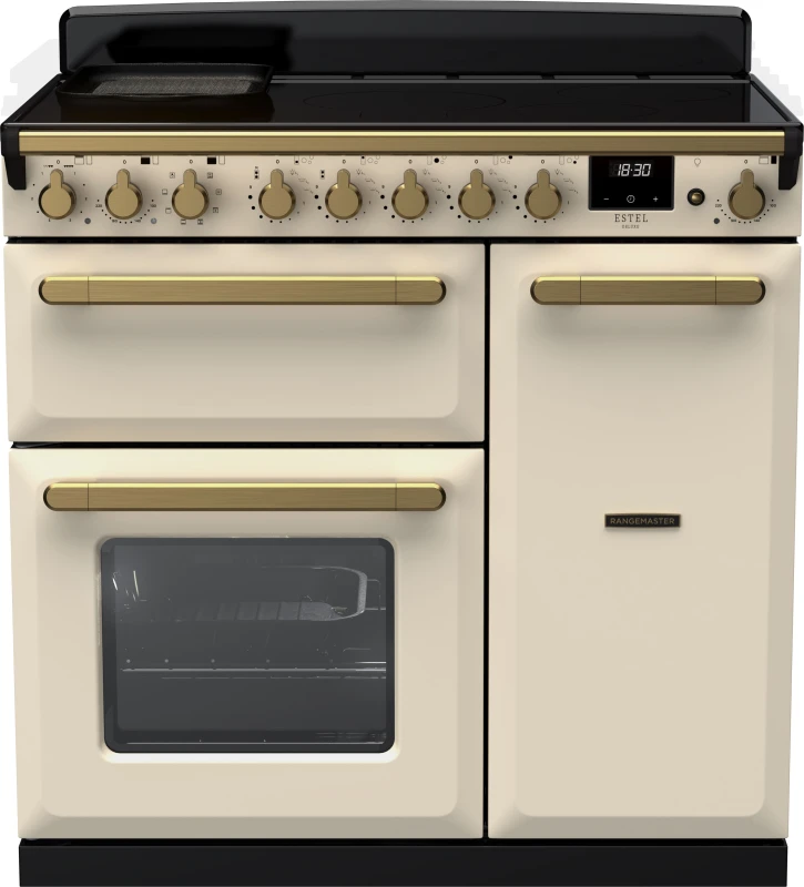 Image of Rangemaster Estel Deluxe ESDL90EIPPCR/AB1 90cm Electric Range Cooker with Induction Hob - Cream / Antique Brass - A/A Rated
