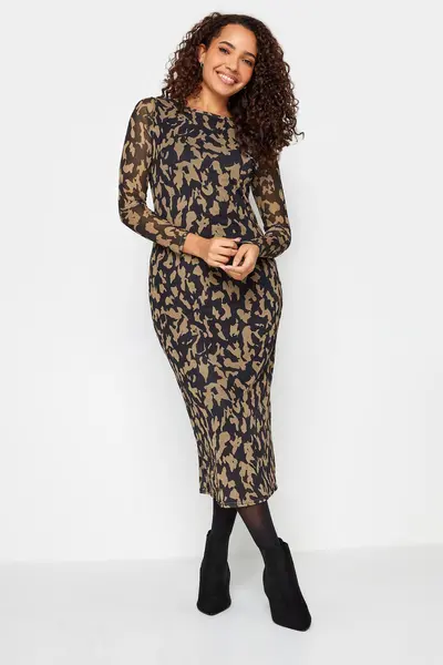 Image of M&Co Abstract Print Mesh Midi Dress Brown