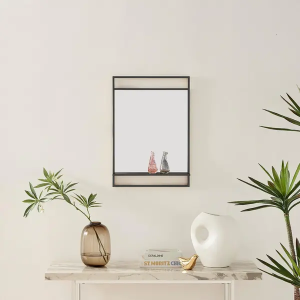 Image of FurnitureboxUK Harlow Rectangular Modern Glam Metal Wall Mirror With Shelf Black