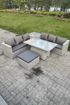 Image of Fimous 6 Seater Outdoor Light Grey Rattan Lounge Complete Sofa Set with Adjustable Table, Side Table and Big Footstool