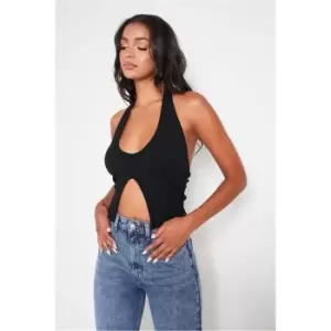 Image of I Saw It First Black Ribbed Halterneck Split Front Crop Top - Blue