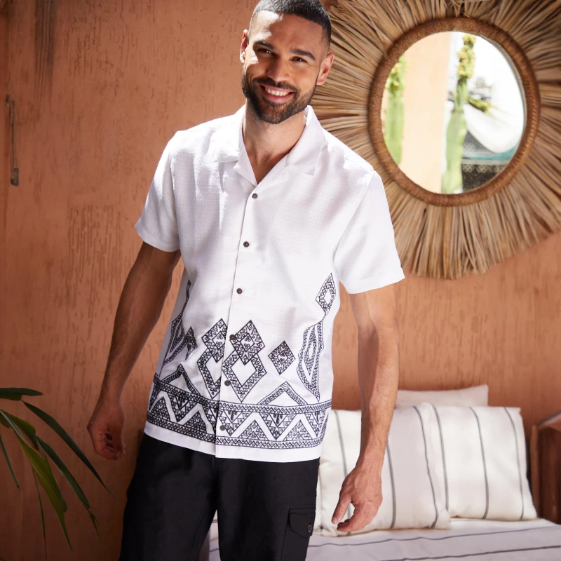 Image of Threadbare Revere Collar Embroidered Short Sleeve Shirt - White White S