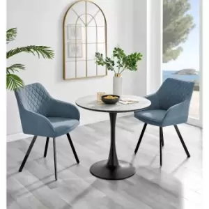 Image of Furniture Box Elina White Marble Effect Round Dining Table and 2 Blue Falun Black Leg Chairs