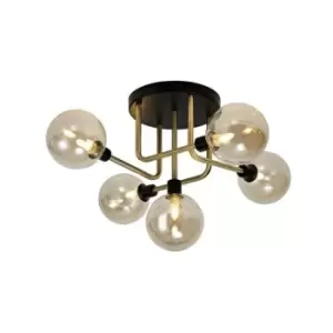 Image of Flush Semi Flush Ceiling, 5 Light G9, Matt Black, Antique Brass, Cognac Glass - Luminosa Lighting