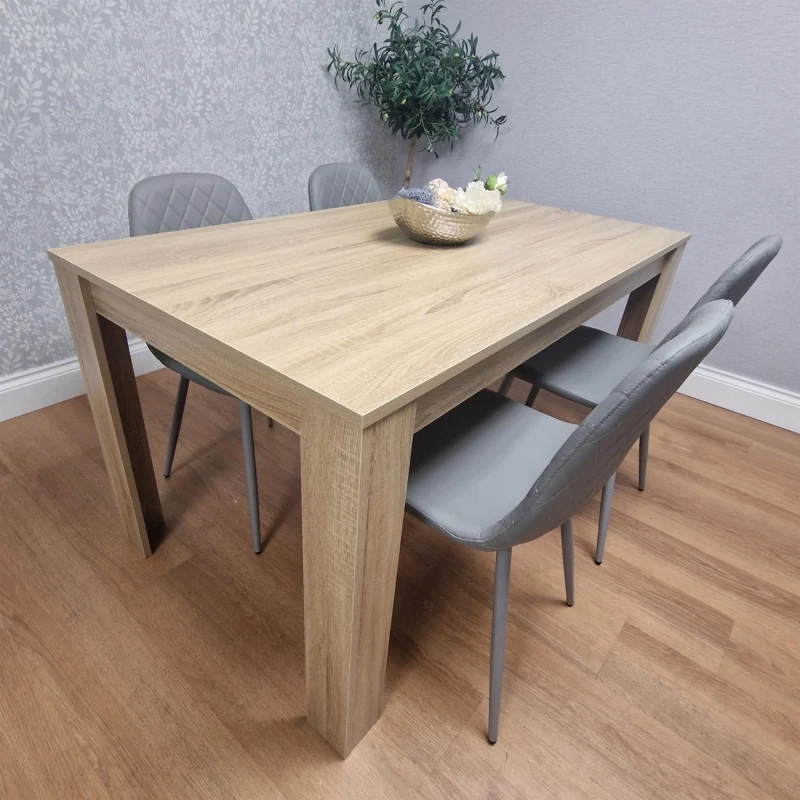 Image of KOSY KOALA KOSY KOALA Dining Set of 4 Oak Effect Dining Table and 4 Cream Gem Patterned Stitiched Chairs in Beige Beige One Size Unisex 5060711589800