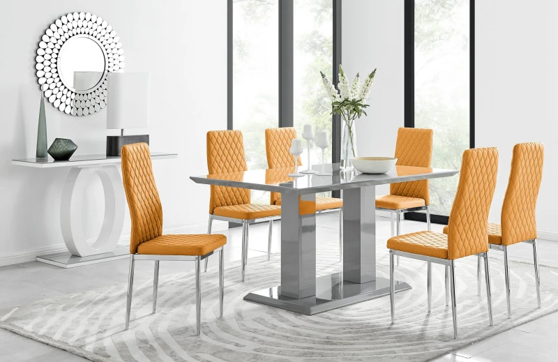 Image of FurnitureboxUK FurnitureboxUK Imperia Grey Modern High Gloss Dining Table And 6 Milan Dining Chairs Set in Mustard Mustard One Size Unisex 50565426382