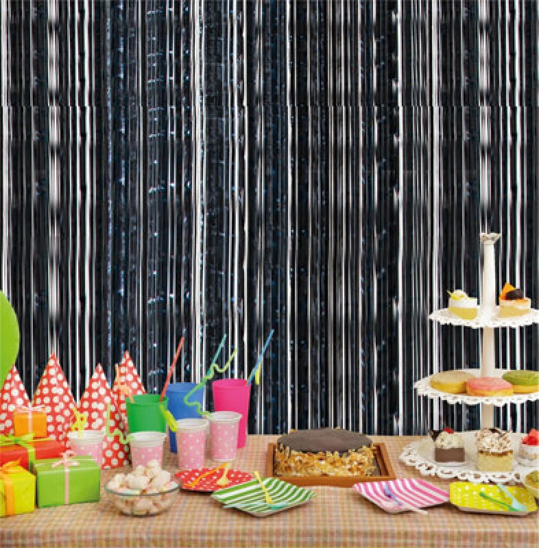 Image of CHEETAHL Black Foil Fringe Shimmer Tinsel Curtain Party Event Backdrop 1m Wide x 2m Drop ELV-243494