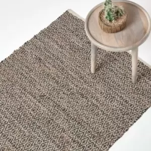 Image of Brown Real Leather Handwoven Diamond Pattern Rug, 66 x 200cm - Brown - Homescapes