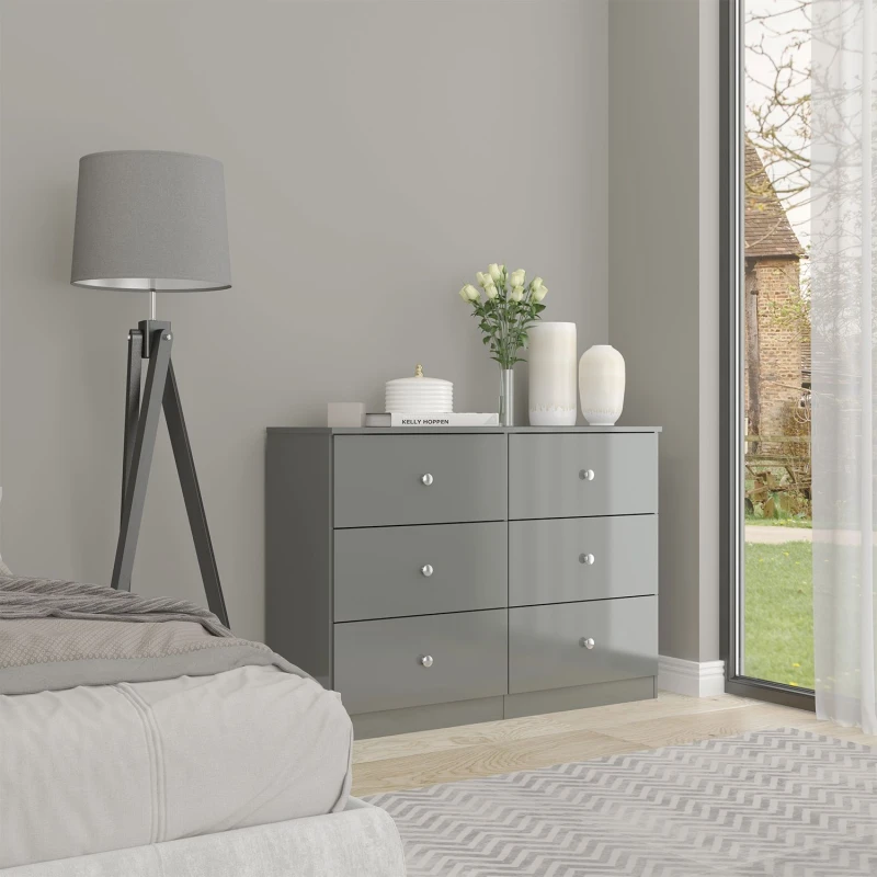 Image of Denver Grey Gloss 6 Drawer Chest Of Drawers Modern Bedroom Furniture Storage