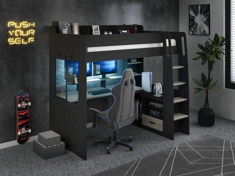 Image of Recoil Kyrk Gaming High Sleeper Bed in Black Size: Single Black Unisex Single