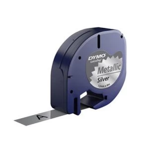 Image of Dymo 91208 Black On Metallic Silver Label Plastic Tape 12mm x 4m