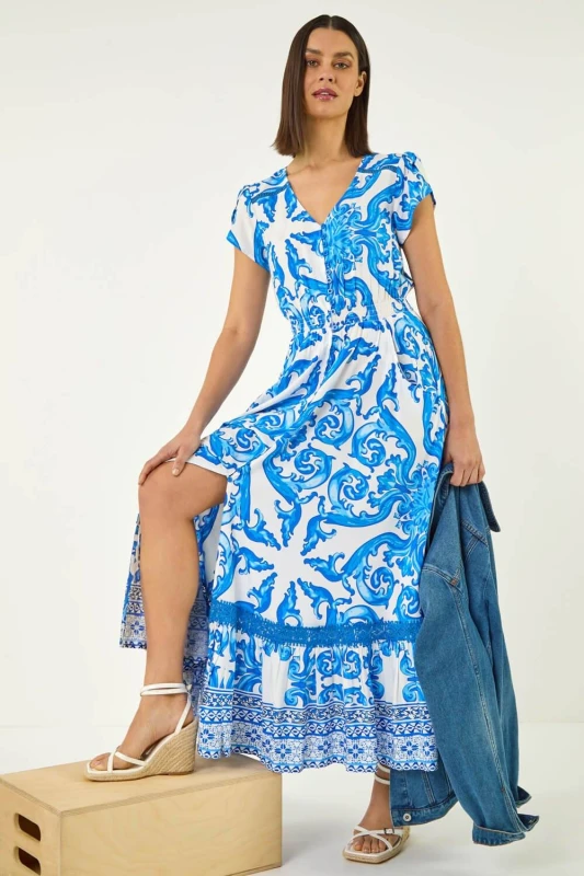 Image of Roman Womens Border Print Button Dress in Blue Size: 10 Blue Female 10