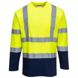 Image of Portwest S280YNRS - sz S Two-Tone Long Sleeved Cotton Comfort T-Shirt - Yellow/Navy - Yellow/Navy