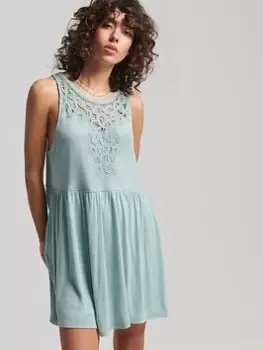 Image of Superdry Vintage Linen Mix Lace Yoke Dress - Green, Size 16, Women